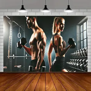1pc 2D Flat Gym-Themed Strength Training Couple Polyester Banner, Durable Fade-Resistant Indoor/Outdoor Decor for Home, Party Backdrop - Multipurpose Textile Soft Furnishing