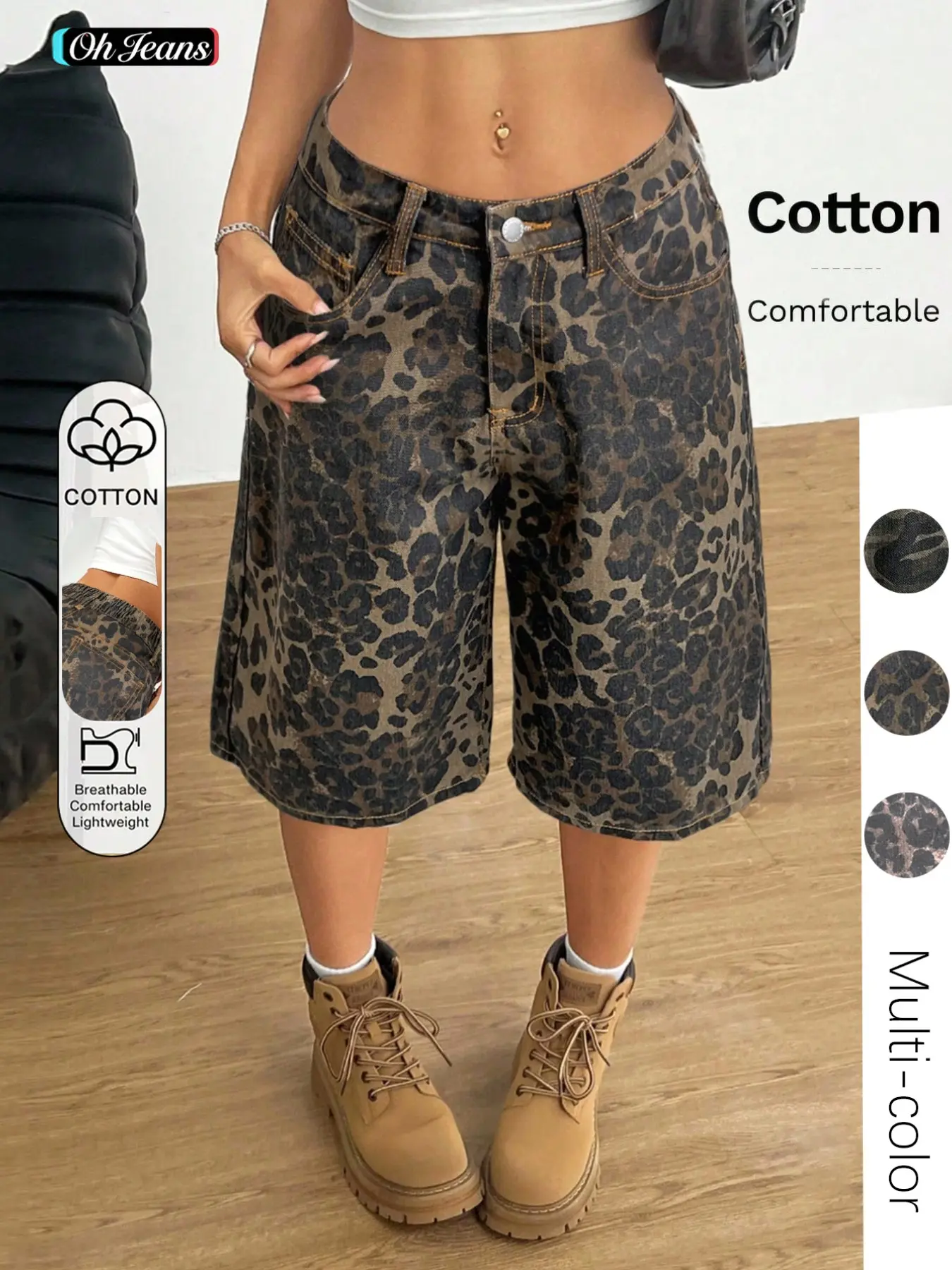 Women's Leopard Print Denim Capri Pants, Casual Wide Leg Loose Fit Shorts, Slant Pocket Button Design, Fashionable Versatile Summer Wear, Casual Relaxed Shorts, Casual Comfy Shorts