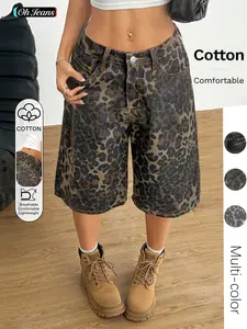 Women's Leopard Print Denim Capri Pants, Casual Wide Leg Loose Fit Shorts, Slant Pocket Design, Fashionable Versatile Summer Wear