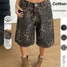 Women's Leopard Print Denim Bermuda Shorts, Casual Wide Leg Loose Fit, Button‑Fly Jean Shorts with Slant Pockets, Fashionable Versatile Breathable Summer Casual Bottoms, Boyfriend Denim Shorts, Denim Clothing