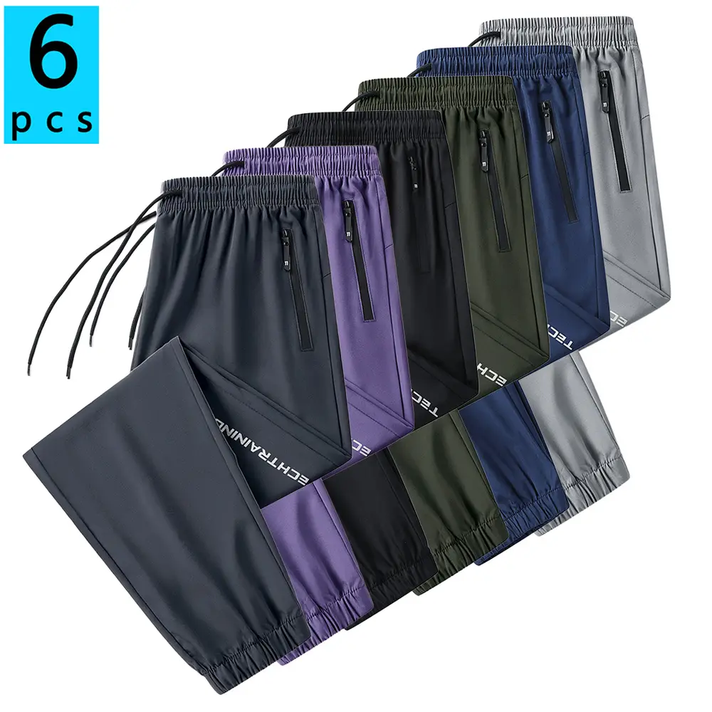 Men's Regular Fit Mid-Waist Stretchable Polyester Joggers - 4/5/6-Pack Options, Ankle Length, Lightweight, Breathable, Quick-Dry, All-Season, Solid Colors (Black + Army Green + Blue + Light Gray + Dark Gray), Casual Athletic Joggers for Fitness Sports