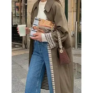 Women’s Double-Breasted Long Trench Coat, Windproof, Classic Lapel, Slim Fit Overcoat