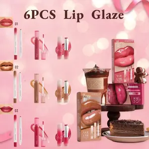 6-Piece Lip Gloss Set, Lip Liner + Lip Gloss + Lipstick, Three Colors, Perfect Gift for Friends, Romantic Glass Lips Dewy Makeup Kit