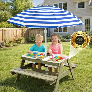 4‑in‑1 Kids Sand & Water Table with Removable Weatherproof Umbrella – Wooden Outdoor Picnic Table with 2 Covered Bins for Toddlers – Sensory Table for Boys & Girls