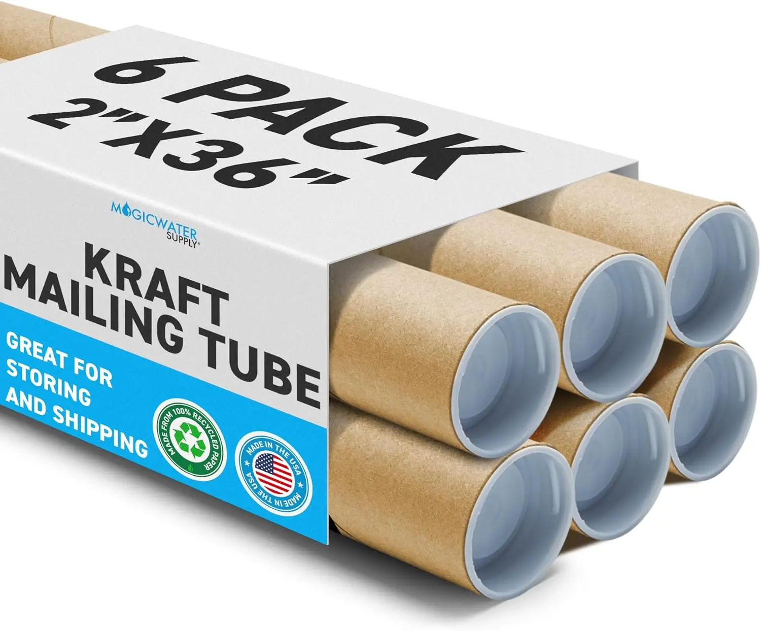 MagicWater Supply Mailing Tube - 2 in x 36 in - Kraft - 6 Pack - for Shipping and Storage of Posters, Arts, Crafts, and Documents
