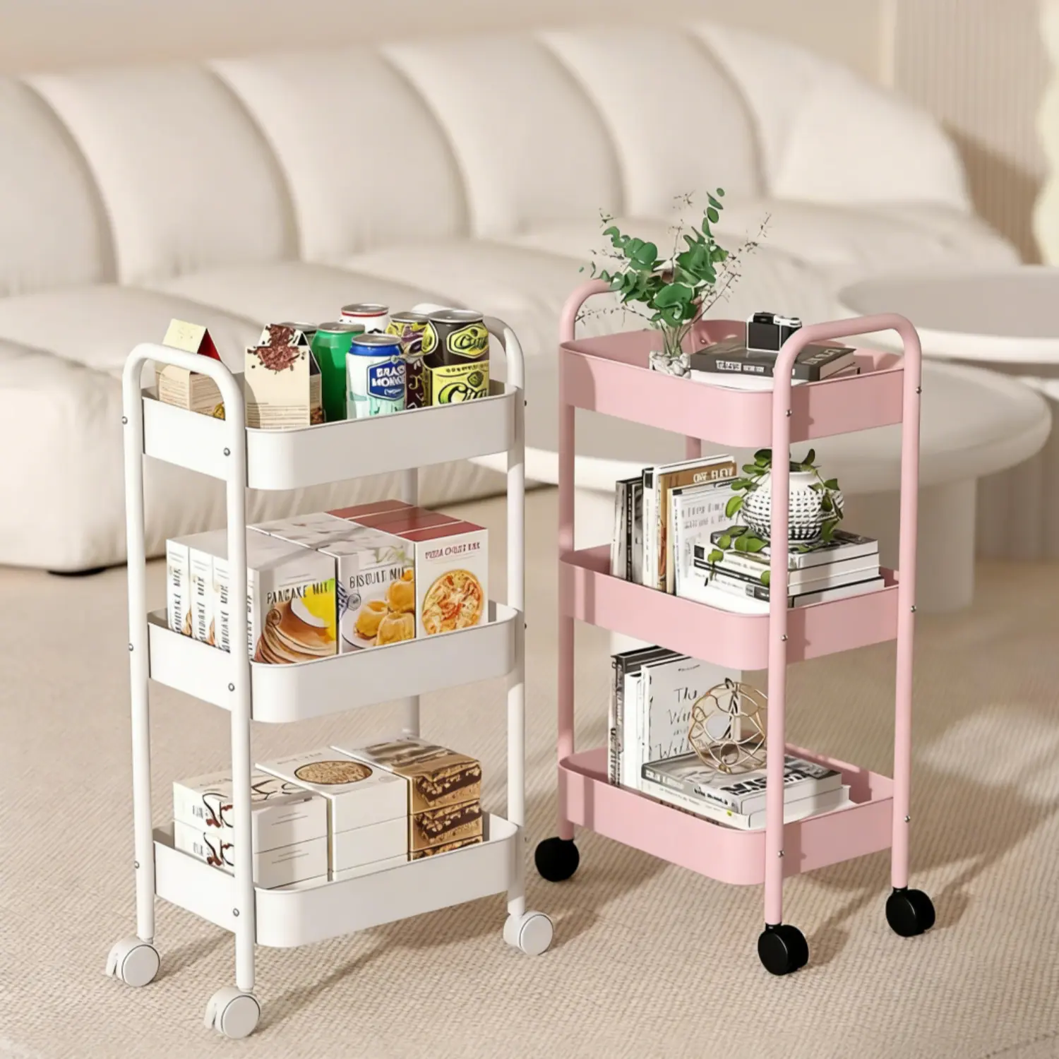 3 Tier Multi-Functional Rolling Craft Cart – Metal Utility Storage Cart with Wheels, Space-Saving Organizer for Nursery, Kitchen, Living Room, Bathroom, Classroom, Office, Dorm & Home Storage, Adjustable Organizer, Small Space Storage Solution pink