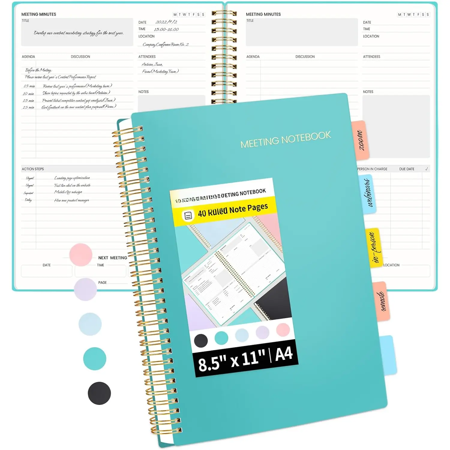 Meeting Notebook for Work with Action Items - 160 Pages, A4 Size Project Planner, Spiral Meeting Agenda/Minutes Notebook Organizer for Women Men, Note Taking, Office & Business, 8.5"x11", Teal