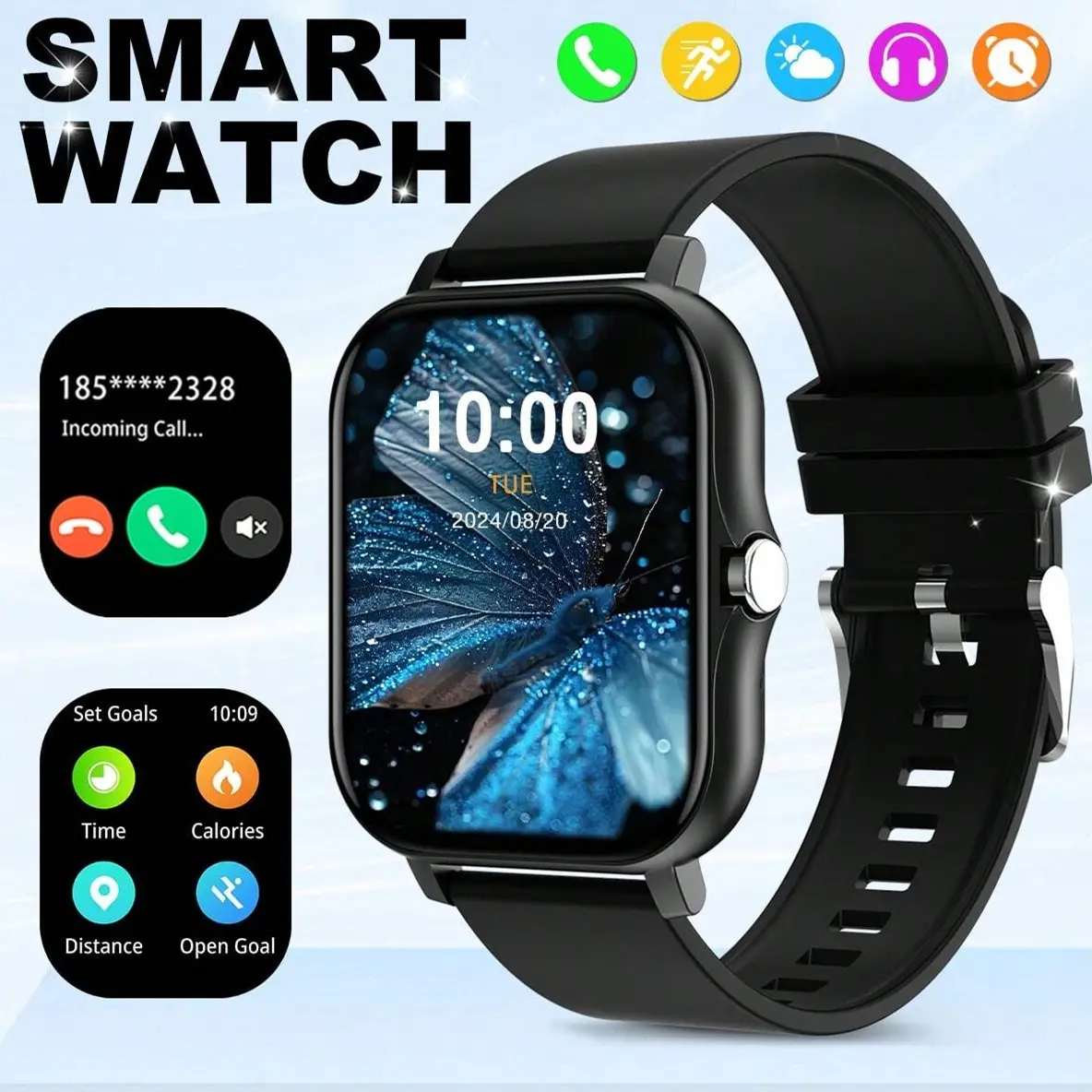 Smartwatch with Full Touch Screen, Multiple sports modes, Supports BT calls, message alerts, music player, Compatible with iOS & Android, Gift For Men and Women, Multifunctional Digital Smartwatch, Wearable