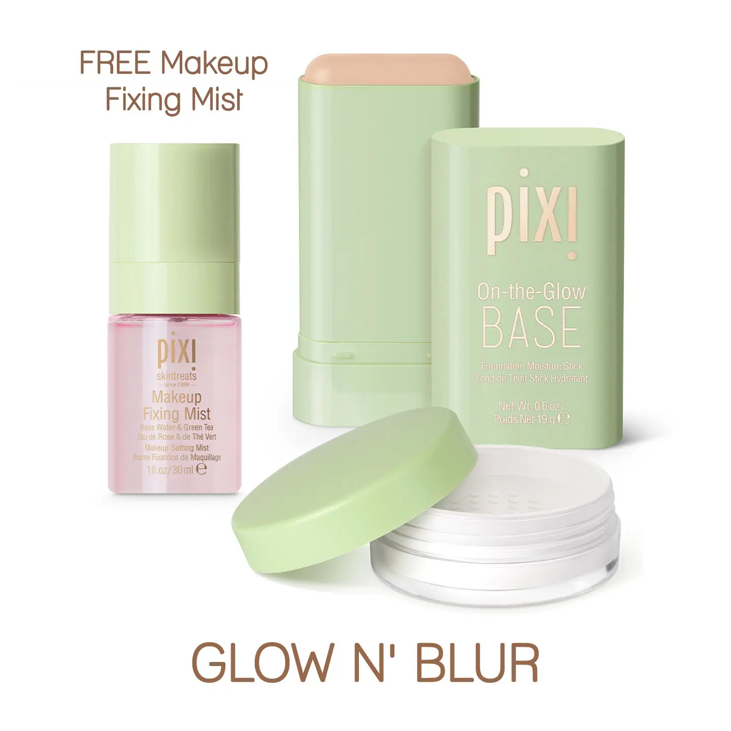 Pixi Glow N' Blur Set, Glow Up Makeup Kit for All Skin Types - Includes FREE Makeup Fixing Mist