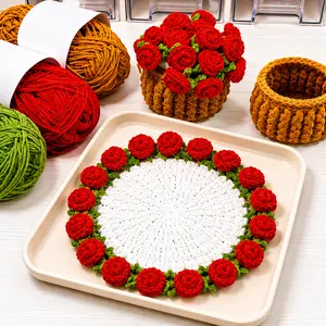 Handmade Crochet Flower Coaster Set - 14×14cm Flower, 5cm Basket, Absorbent Non-Slip Mug Mat, Potted Desk Decor Shelf Accessory, Gift for Mom, Boho Home Decor Supply