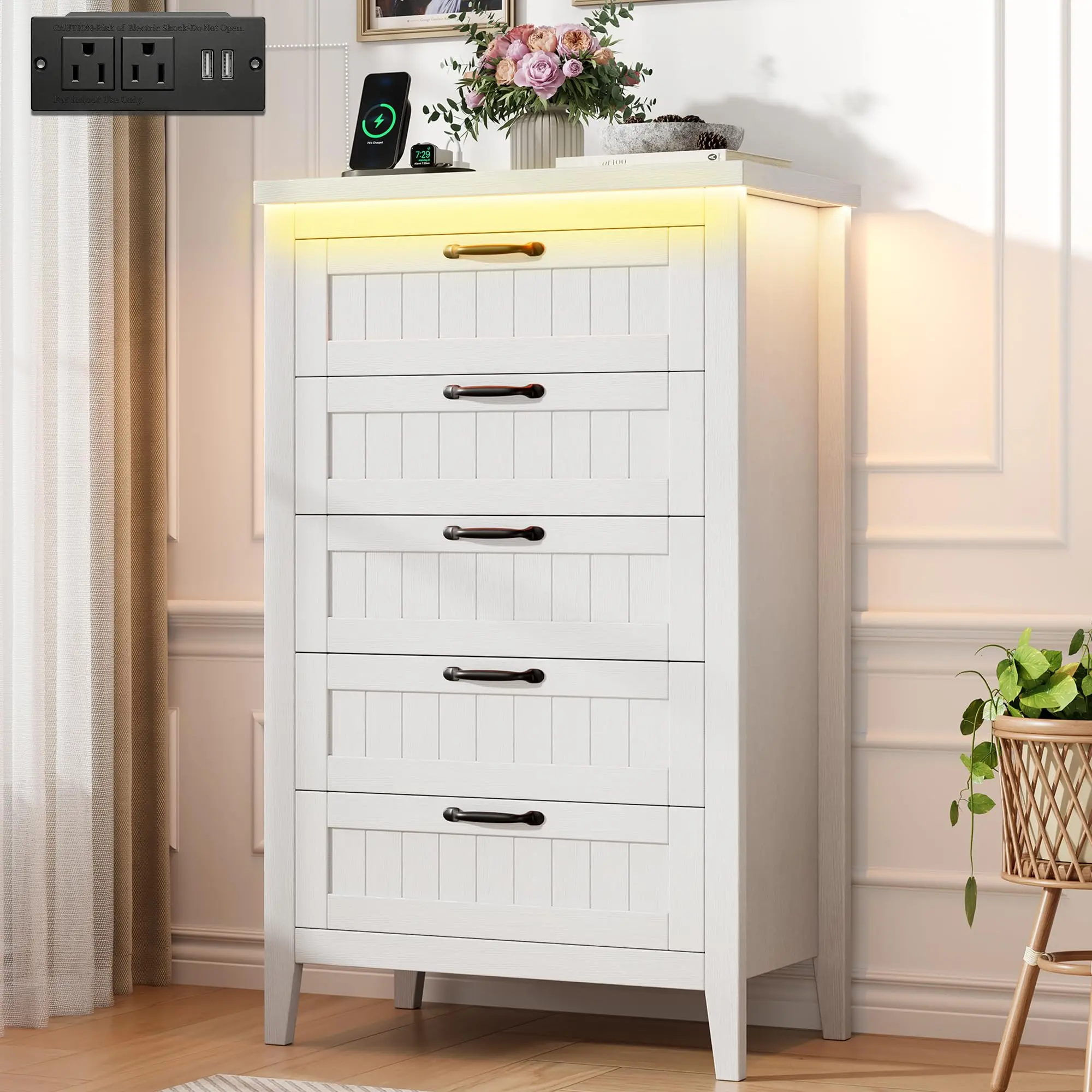 Modern Dresser With Charging Station LED Lights Fluted Chest Of Drawers Wood Clothing Storage Organizer 3/5/6/8 Drawer Nightstand Media Console TV Stand Storage Cabinet For Bedroom Living Room Closet Apartment White Black Grey Oak
