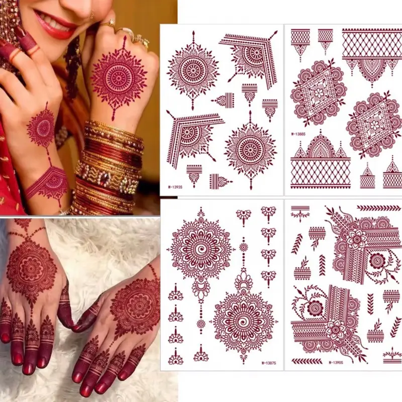 3 Pcs Maroon Mehndi Design Cosmetic Henna Tattoo - Non-Toxic Safe Ingredients, Easy Apply Water Transfer Temporary Stickers for Fashion, Party Gift (Beauty & Personal Care, Body Makeup)