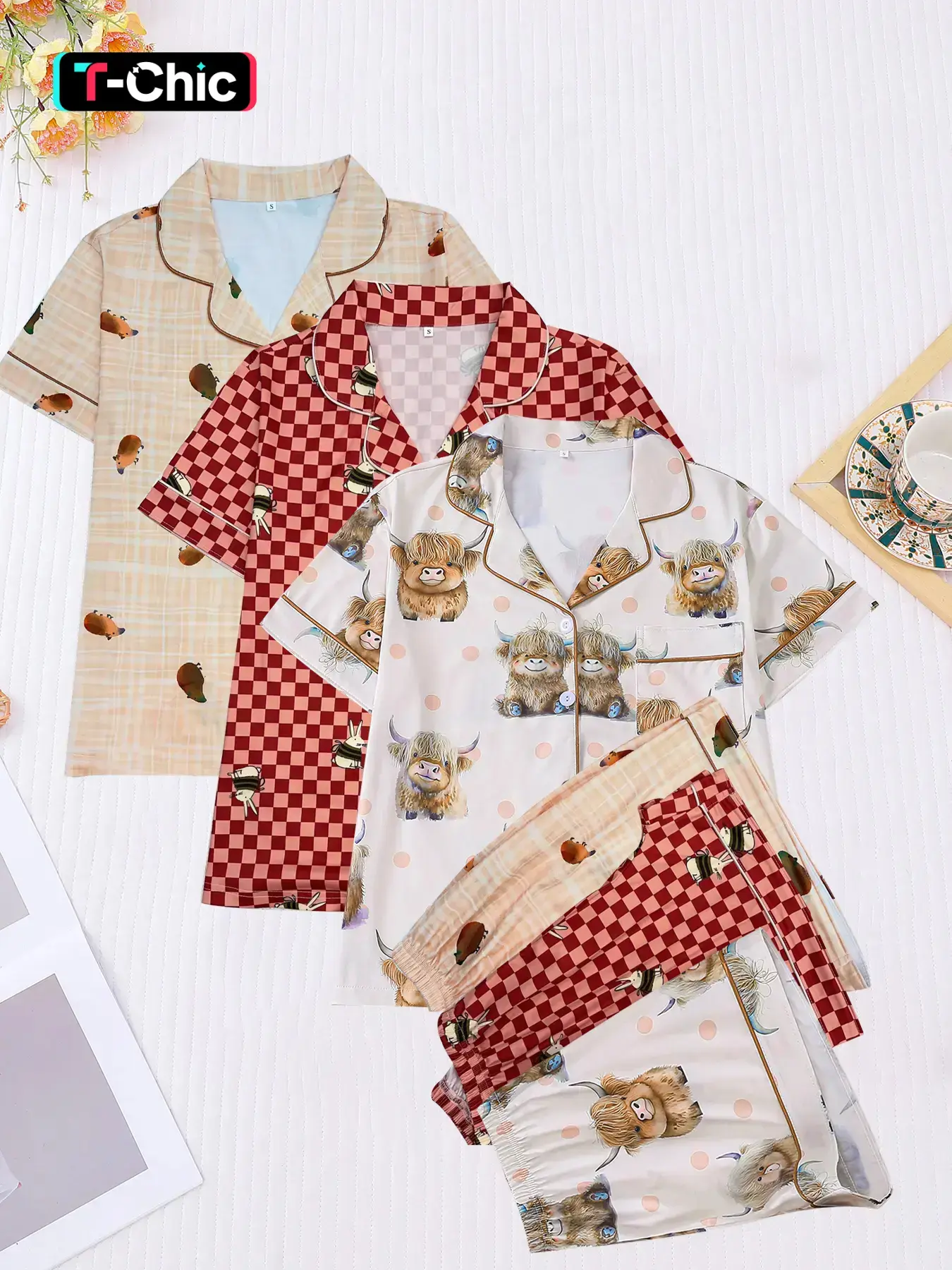 6-piece combination women's cute cow checkered printed knit short sleeved fitted shorts and pajamas set Nightwear suitable for Everyday all seasons with a collar top, comfortable and casual loungewear Homewear Casual Lounge Sleep