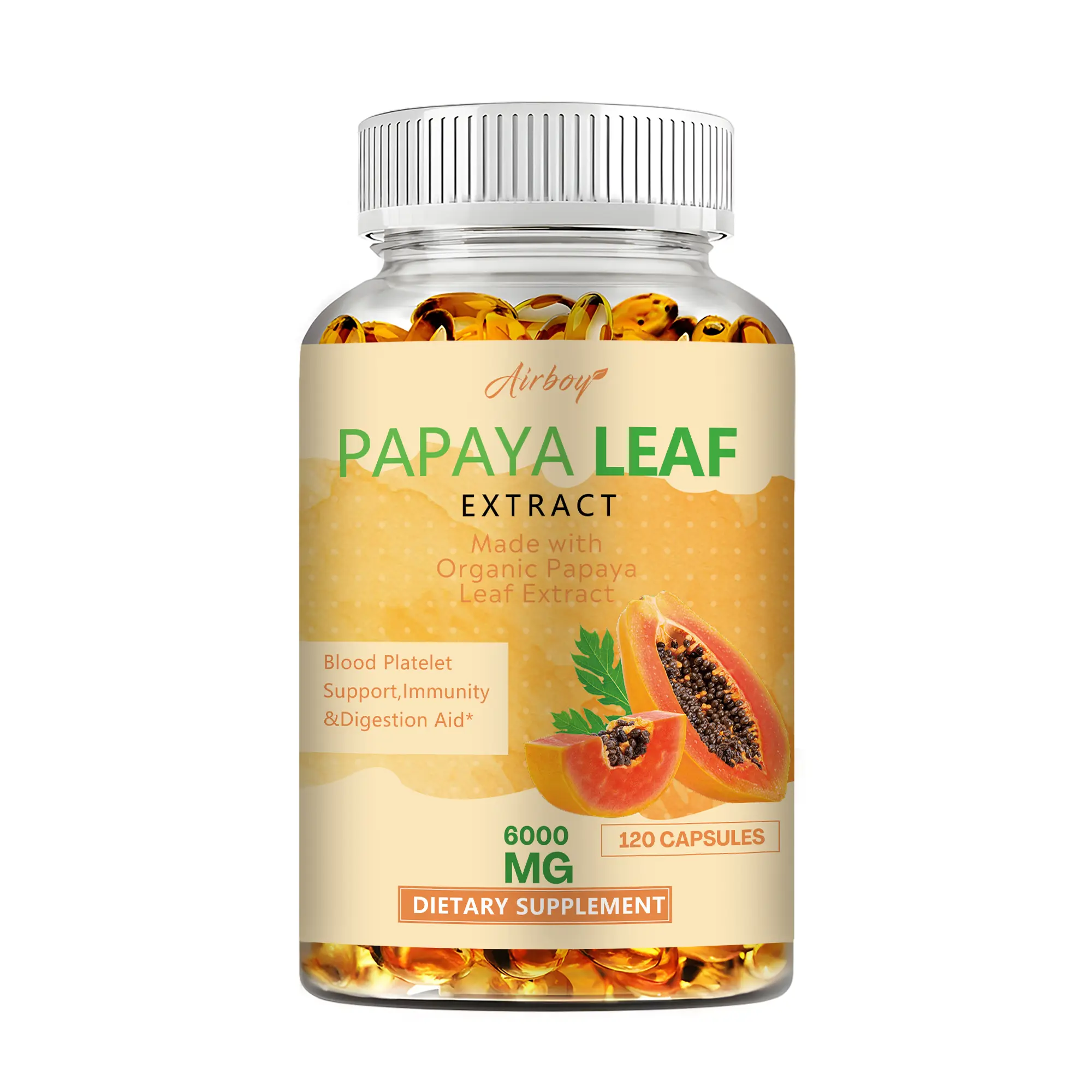 Airboy-Papaya Leaf Extract Vegetarian Capsules - 6000 mg Vegetarian Capsules - Platelets, Bone Marrow and Spleen Support, Intestinal Immunity - Suitable for Men and Women