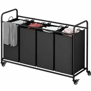 LINZINAR 4 Bag Laundry Basket Sorting Machine Cart with Rolling Lockable Wheels & Detachable Waterproof Bags Large Capacity Oxford Material Easy Assembly