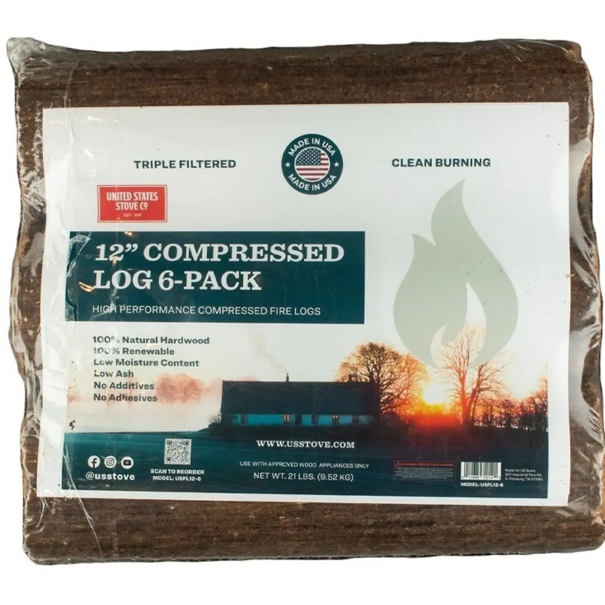 US Stove USFL12-6 12 in. Compressed Fire Log - Pack of 6