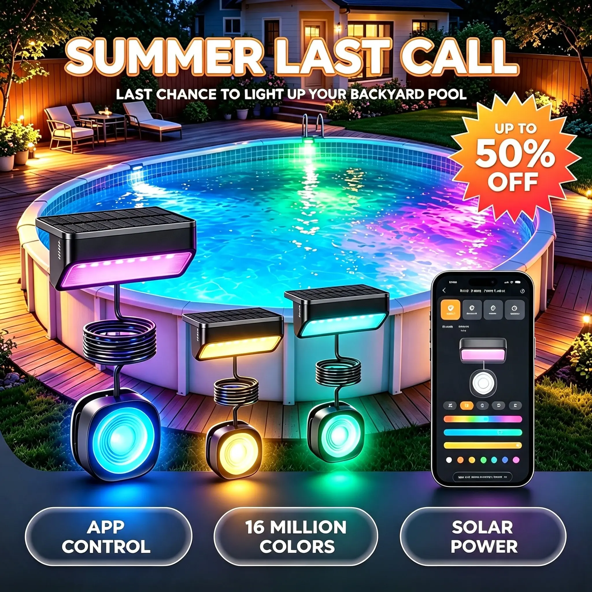[SEASON FINAL SALE] Linkind Smart RGBW Solar Pool Lights for Above Ground & Inground Pools, APP Control, IP68 Waterproof LED Lights, Dual-sided Glow, Music & Color Modes, Magnetic Mount, Outdoor Gadgets for Garden, Cool Light, Home Decor