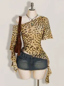 ICON Women's Leopard Print Asymmetric Hem Fashionable Blouse