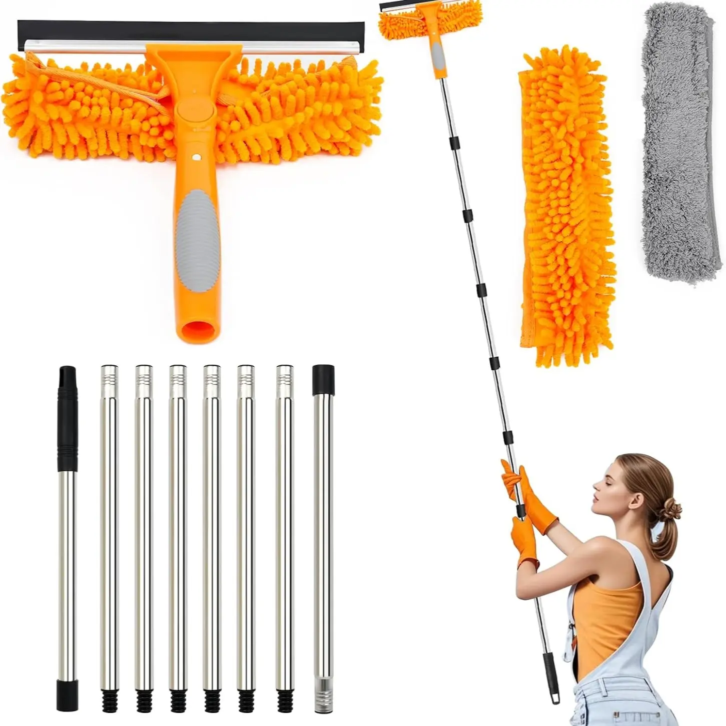 3.1m Long Reach Window Cleaning Equipment, 3-In-1 Telescopic Cleaner, 270° Rotating Squeegee, 8 Extendable Poles, Window Cleaning Tool