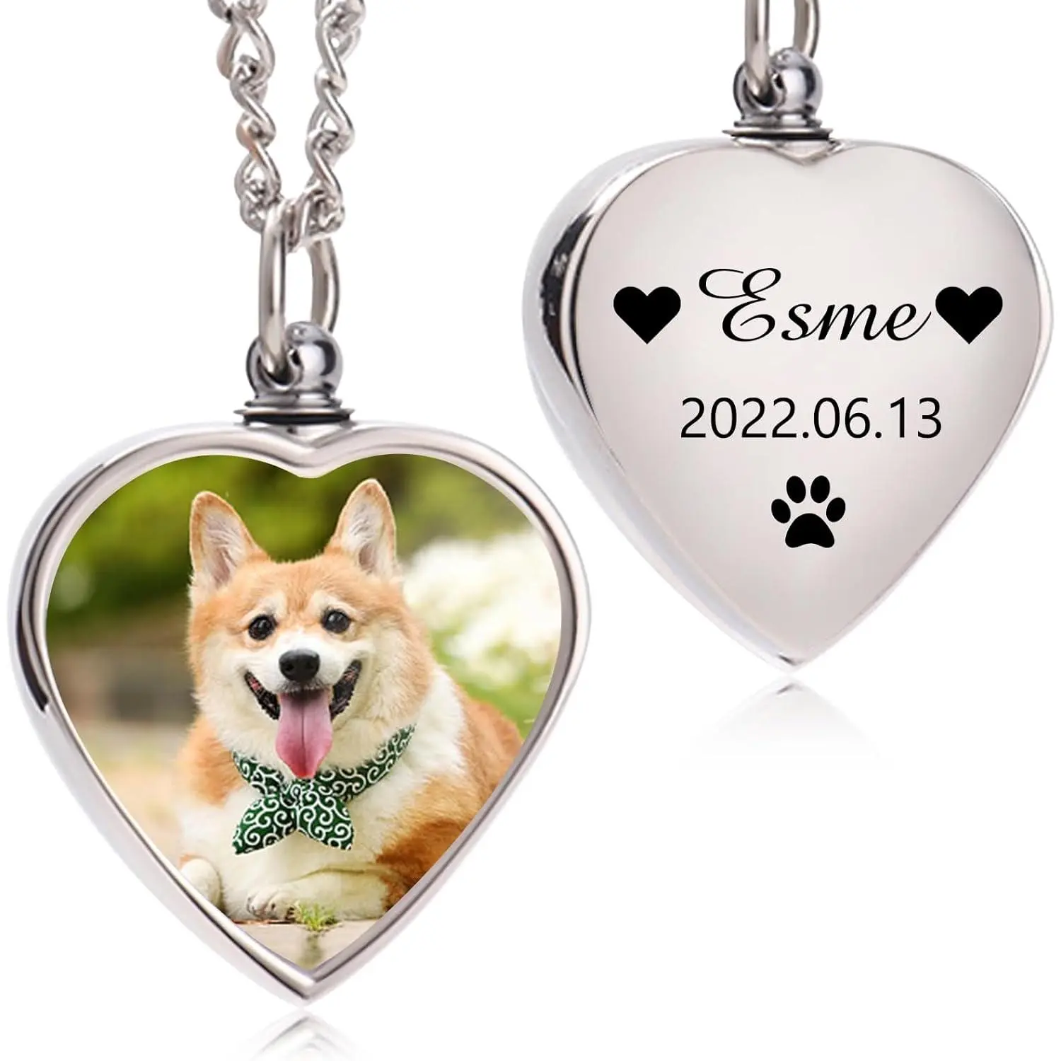 Custom Heart-Shape Ashes Necklace - Stainless Steel Inspirational Jewelry, Photo Engraved Pet Memorial Keepsake with Text, Double-Sided Pendant Urn for Dog/Cat Lovers