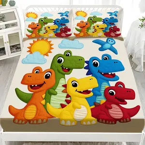 Cartoon Dinosaur Print Bed Sheet Set for Kids, 3-Piece Polyester Fabric, Includes Pillowcases, Washable, Cute and Fun Design, Vibrant Prints, Bedding Set