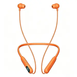 Orange Neckband Bluetooth Headphones - IPX4 Sweatproof Silicone In-Ear Earbuds with LED Battery Display, Magnetic Stereo Sound, Cable Management, ENC, Smart Voice Assistant for Sports & Hands-Free Calls