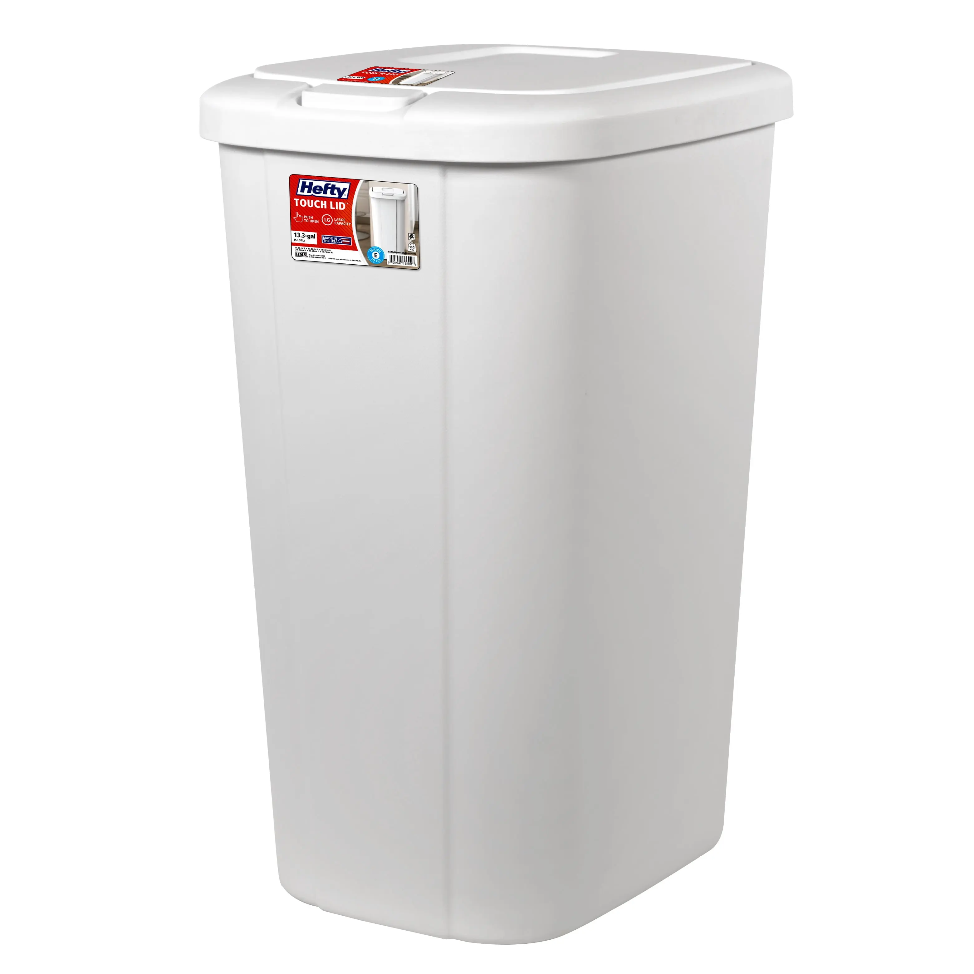 Hefty Kitchen Trash Can For Indoor Household Storage 13.3 Gallon Plastic Touch Top Garbage Bin Push Button Lid White