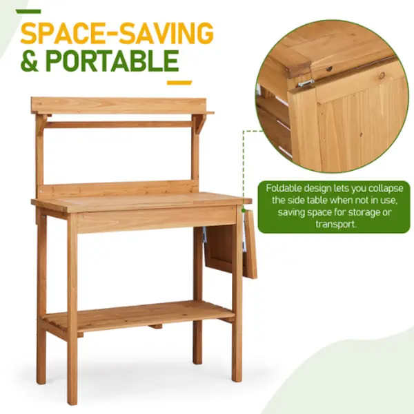 SENROB Foldable Stable Natural Wood Outdoor Garden Potting Bench Table - Metal Tabletop Horticulture Planting Workstation, Folding Tables, Storage Shelves, Folding Pallet, Home Organizer Rack