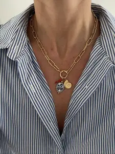 Vintage Bohemian Style Pendant Necklace, Stainless Steel Chain with Ceramic Tulip, Retro Conch Shell, Pepper Charm, Casual Daily Wear, Boho Style Jewelry