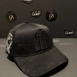México Bélico Hats - Black Baseball Cap with Rhinestone Logo and Skull Embroidery for Men and Women