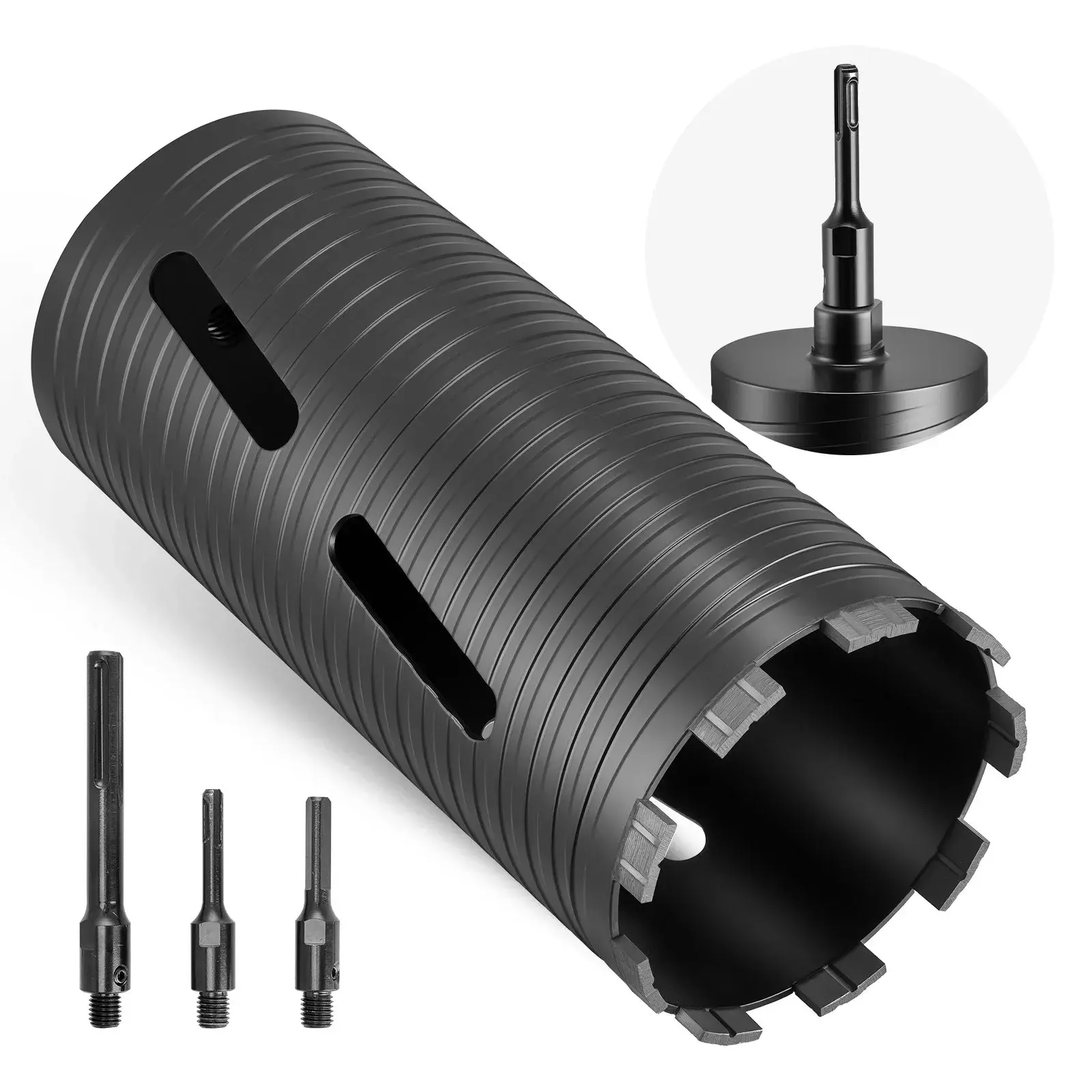 【Summerfinds】VEVOR Carbon Steel Dry Core Bit Set - 4.5" Diameter, 9.5" Depth, 5/8-11 Thread Fit, Burr-Free Cut, Pilot, 3-Piece Adapters, Hex Wrench, Precise Positioning, Fits Most Standard Drills, for Red Bricks, Masonry, Airports