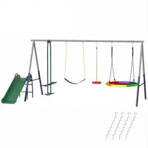 5-in-1 Swing Set with Slide, Swings and Glider for Backyard, 770lbs Capacity, for Ages 3-8, Mixed Color, Heavy-Duty Metal Frame Outdoor Playground Equipment for Kids, Toddlers, Family Gatherings, Kindergarten