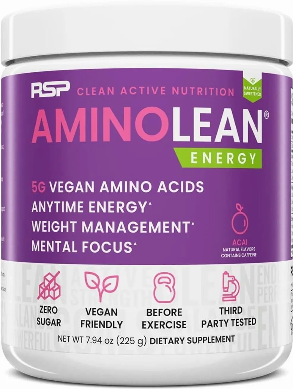 RSP NUTRITION AminoLean Natural Pre Workout Powder, Sucralose Free Amino Energy with No Artificial Dyes, Vegan BCAAs and Weight Management, Acai, 25 Serv