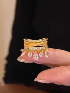 Fashion Luxurious Geometric Copper Zircon Tassel Ring, Adjustable Fit Daily Wear, Perfect Gift, Stylish Jewelry for Women