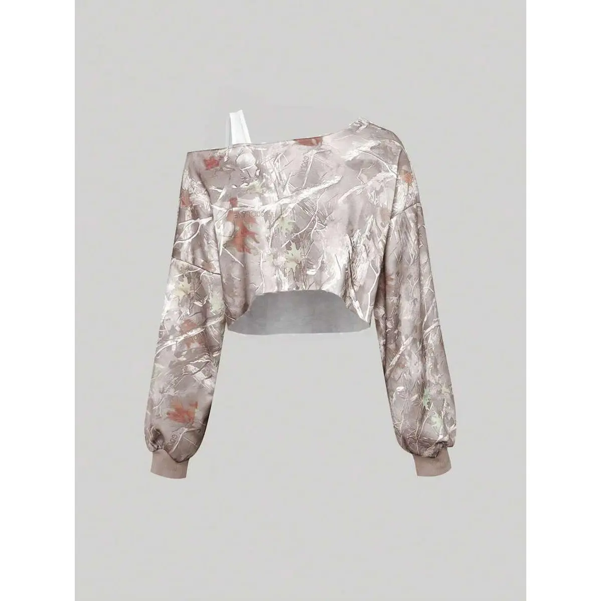 Branch Print Bicolor Asymmetrical Neck Cropped Sweatshirt For Women Graduation,Back To School,Graduation,Teacher,Back To School Pullover Fall