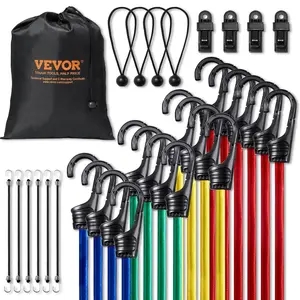 VEVOR 32 Piece Bungee Cords Assortment, 8 mm Heavy Duty Bungee Straps with A3 Steel Hooks, Including 10", 24", 32", 40", 48", Bungee Ropes Set with Portable Storage Bag, 4 Clips & Canopy Ties