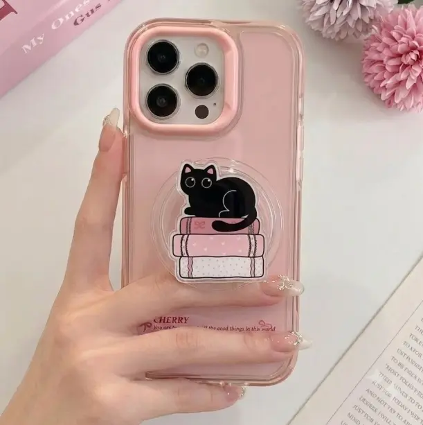 Cute Black Cat on Pink Books Phone Grip | Kawaii Cat Lover PopSocket | Aesthetic Bookish Stack MagSafe Phone Holder | Pastel Pink Phone Stand