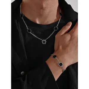 Five Leaf Grass Jewelry Set, Fashionable and Elegant Stainless Steel Bracelet Necklace, Multiple Color Options, Christmas Gift, Suitable for Daily, Party, Party Matching