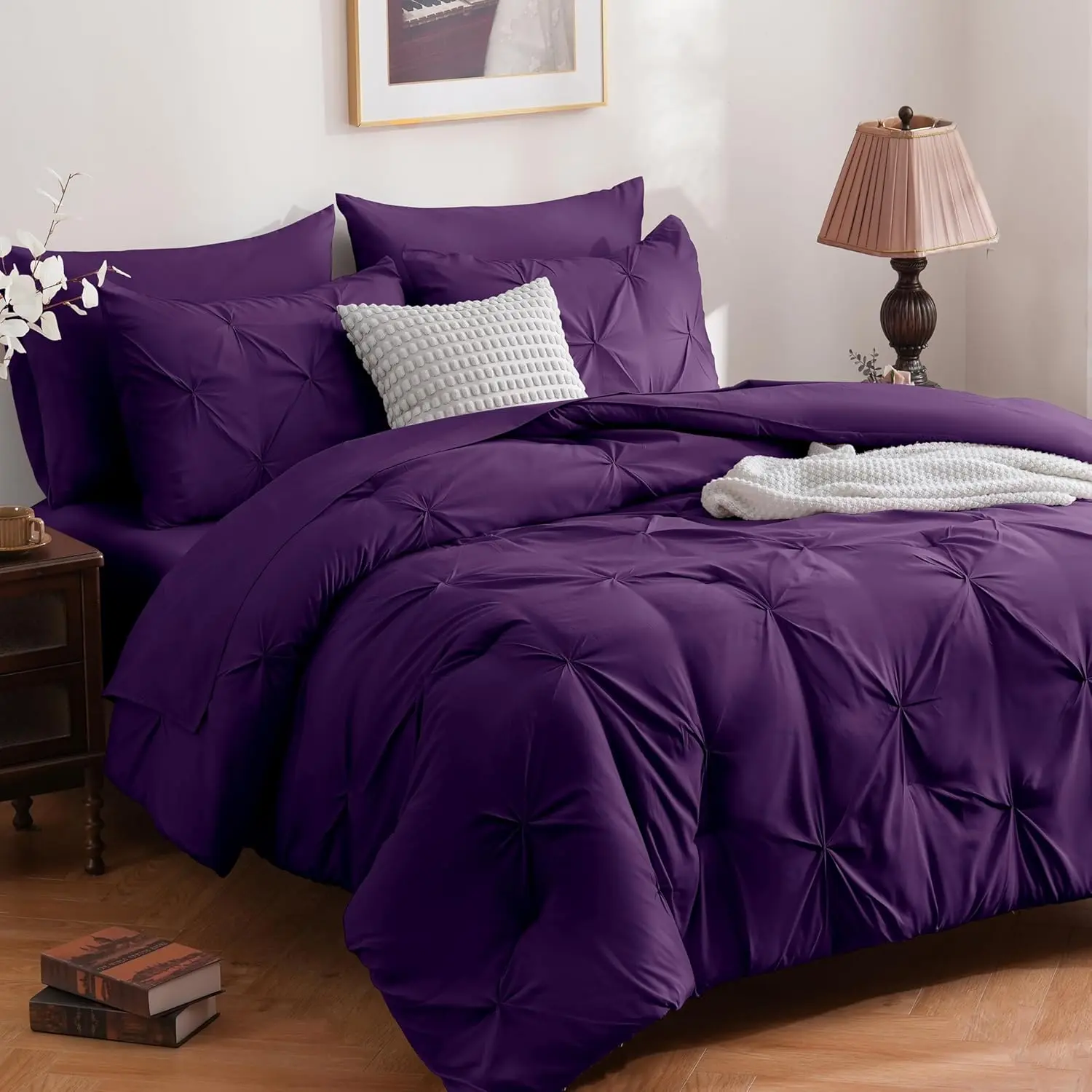 7 count Purple  Comforter Set, Pintuck Bed in A Bag , Pinch Pleat Bed Set, Soft Microfiber All Season Bedding Set with Sheets, Pillowcases & Shams