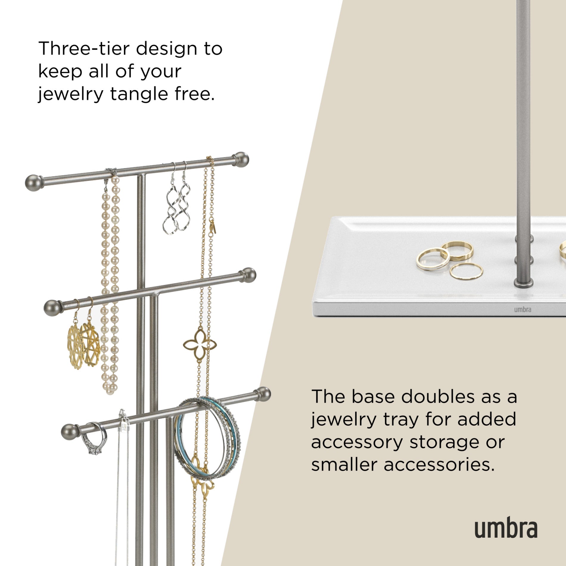 Trigem Jewelry Stand, 3-Tier Necklace Holder & Accessory Organizer with Tray Base, Modern Decor - Choose Your Finish Metal Racks Boxes