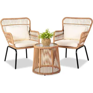 3-Piece Outdoor Wicker Bistro Set – Rattan Chairs & Coffee Table for Balcony, Poolside, Backyard – Yellow/Beige