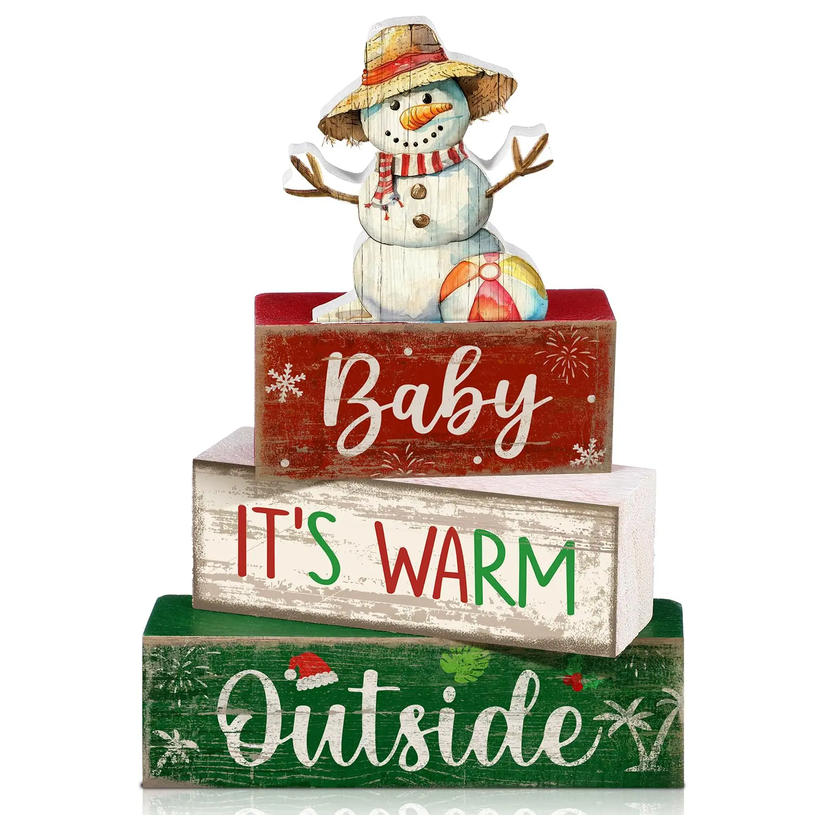 4 Pcs Summer Christmas in July Table Decoration Wooden July Summer Table Centerpiece Christmas Party Supplies Snowman Flamingo Palm Tree Beach Party Decorations Holiday Xmas Supplies
