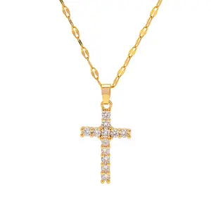 [LeBijouLab] Golden Cross Pendant w/ Figaro Necklace | Daily Zirconia Cross Necklace for Women | Buy 1 Get 1 Paperclip Chain | Trendy Jewelry Cross Design Necklace | Birthday Gift for Her