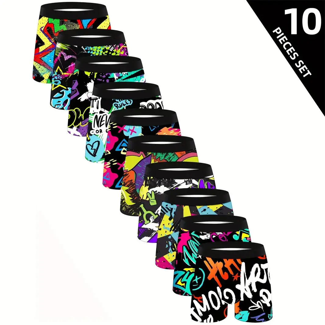 Men's Athletic Boxer Trunks 10-Pack, Assorted Tie-Dye Knot Designs, Soft Stretch Polyester Blend with 4-Way Stretch, 10 Pieces