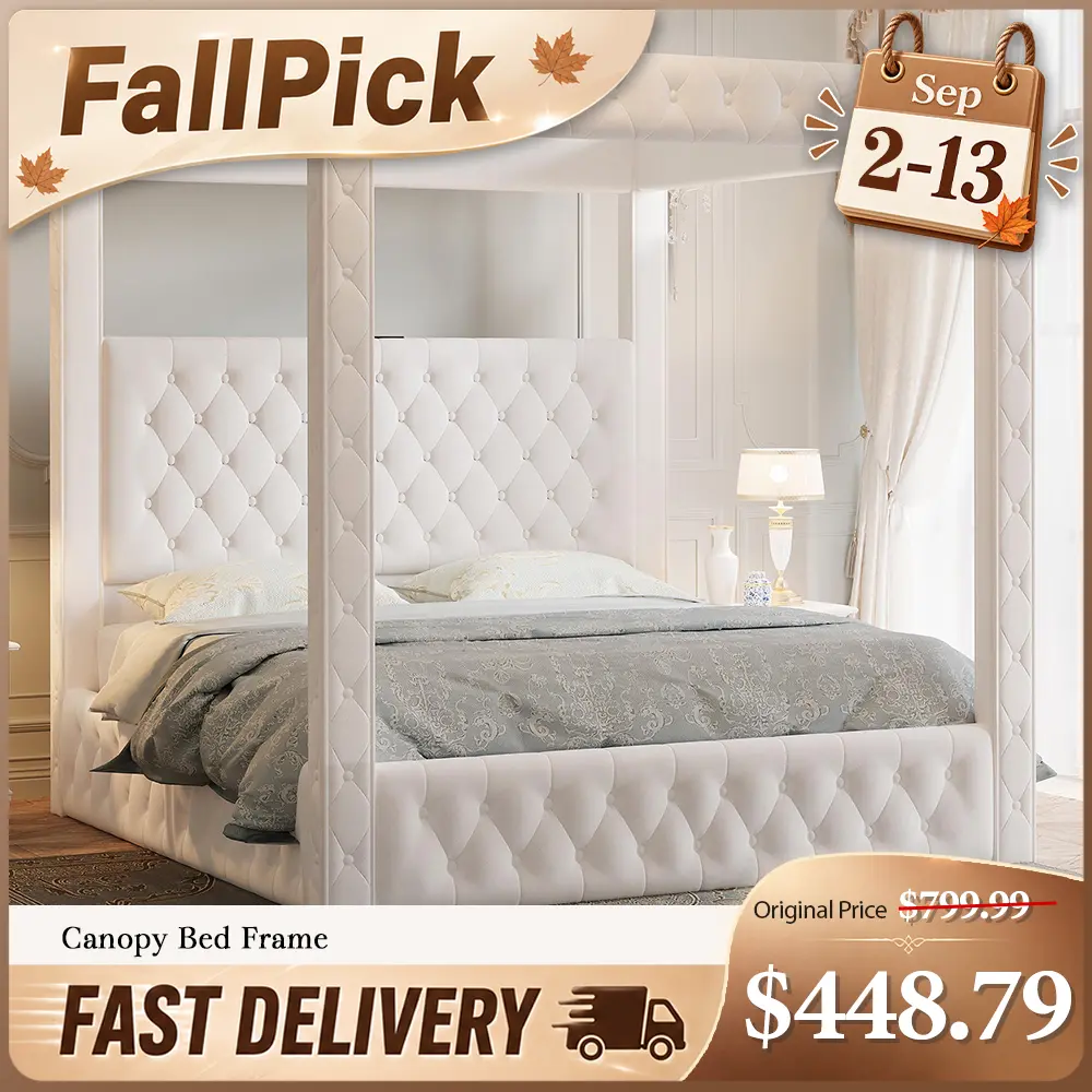 【King Size Shipped in 2 Boxes】AMERLIFE Canopy Bed Frame with 74.8" Tall Four-Post Design and 51.2" Deep-Tufted Velvet Upholstered Headboard with Charging Station/Modern Light-Luxury Style/No Box Spring Needed #SohoChic
