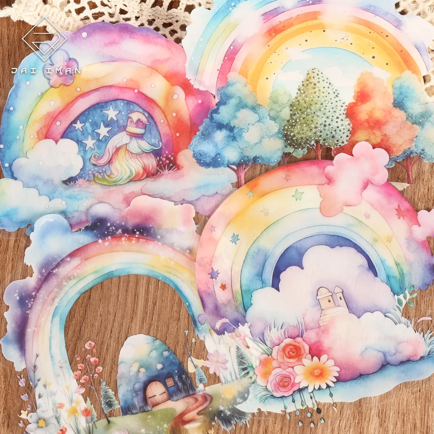 JAIIMAN 24sheets(5.51*5.51in) Die-cut PET Transparent Boho Watercolor Rainbow Scene Self-adhesive Stickers, Aesthetic Stickers, with Rainbow, Cloud, Moon Pattern, DIY Scrapbook Decals, for Collage Decoration, Scrapbooking Supplies, Wall Decoration
