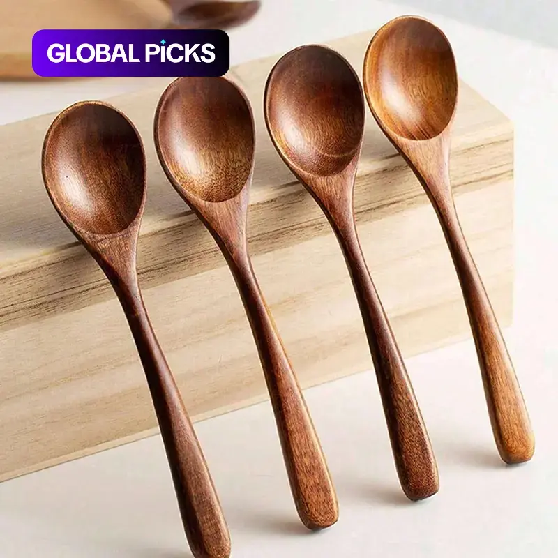 Natural Wooden Spoon Set of 4/6, Durable Eco-Friendly Long-Handled Cooking Spoons in Assorted Sizes for Cooking, Baking and Serving, Kitchen Utensils #GLOBAL PICKS