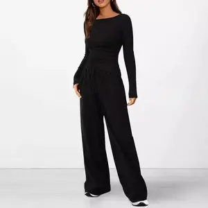 Autumn Hot-Selling Casual Set Asymmetric Long-Sleeve T-Shirt Wide-Leg Pants Casual Outfit Sportswear Loungewear Clothes Womenswear Suits Basic Black Gamis Fitted