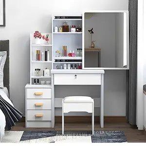 Makeup Vanity Desk with Lights and Drawers, Dressing Table with 3 Colors Adjustable LED Lighted Mirror, Stool and Storage Shelf for Bedroom,White