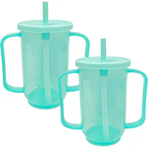 2-Pack 12 oz No-Spill Adult Sippy Cups/Dysphagia Cups with 2 Handles and Straw for Elderly and Disabled Patients with Limited Mobility